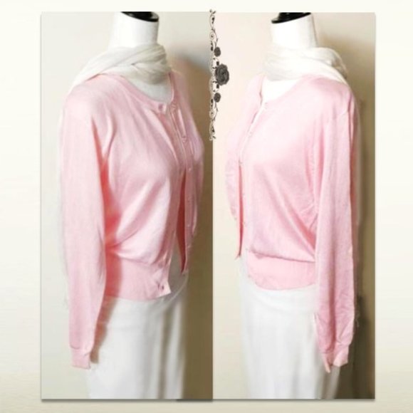 Rayon Blend Light Pink Cardigan Clear Button Up Round Neck Long Sleeves Sheen M - Picture 3 of 13